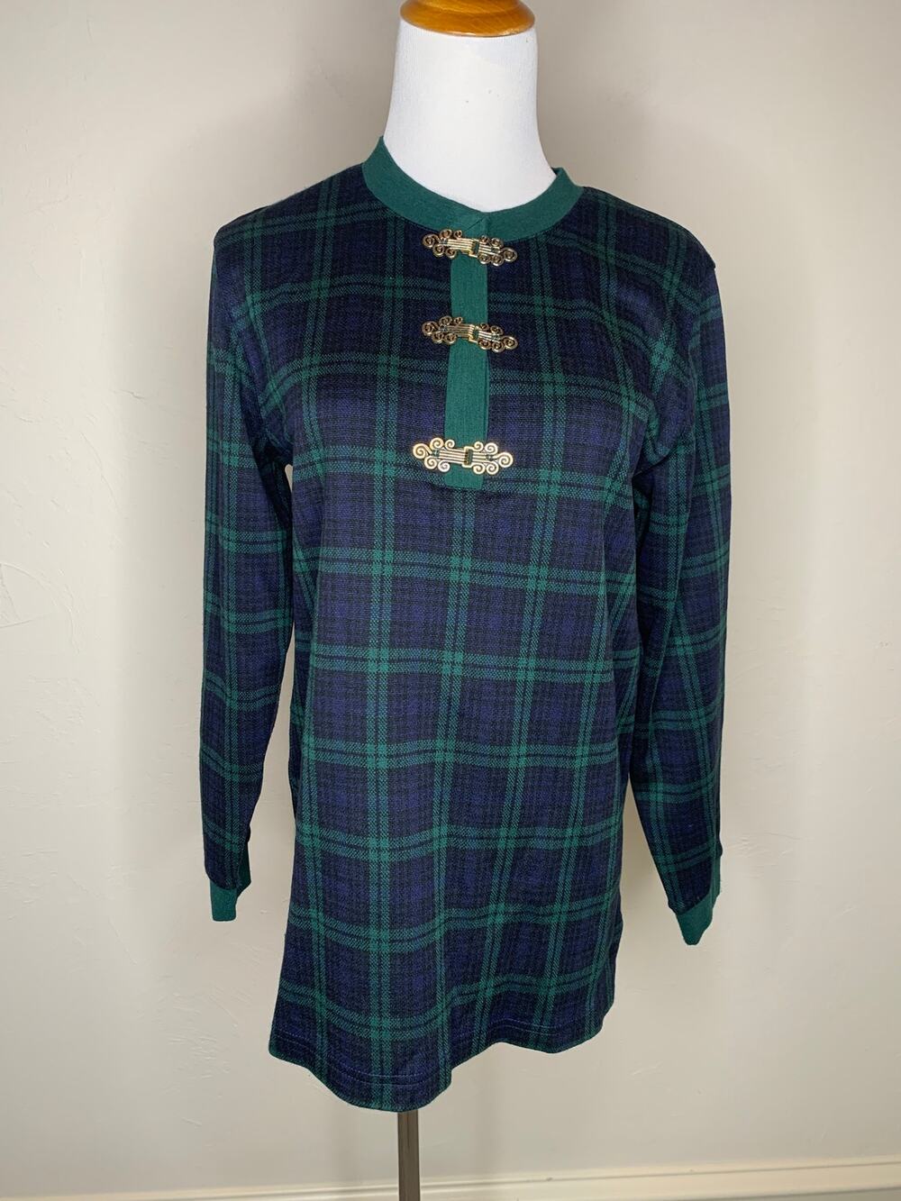 Vintage Blue Green Plaid Henley Shirt Tunic Brass Metal Clasps Sz Small